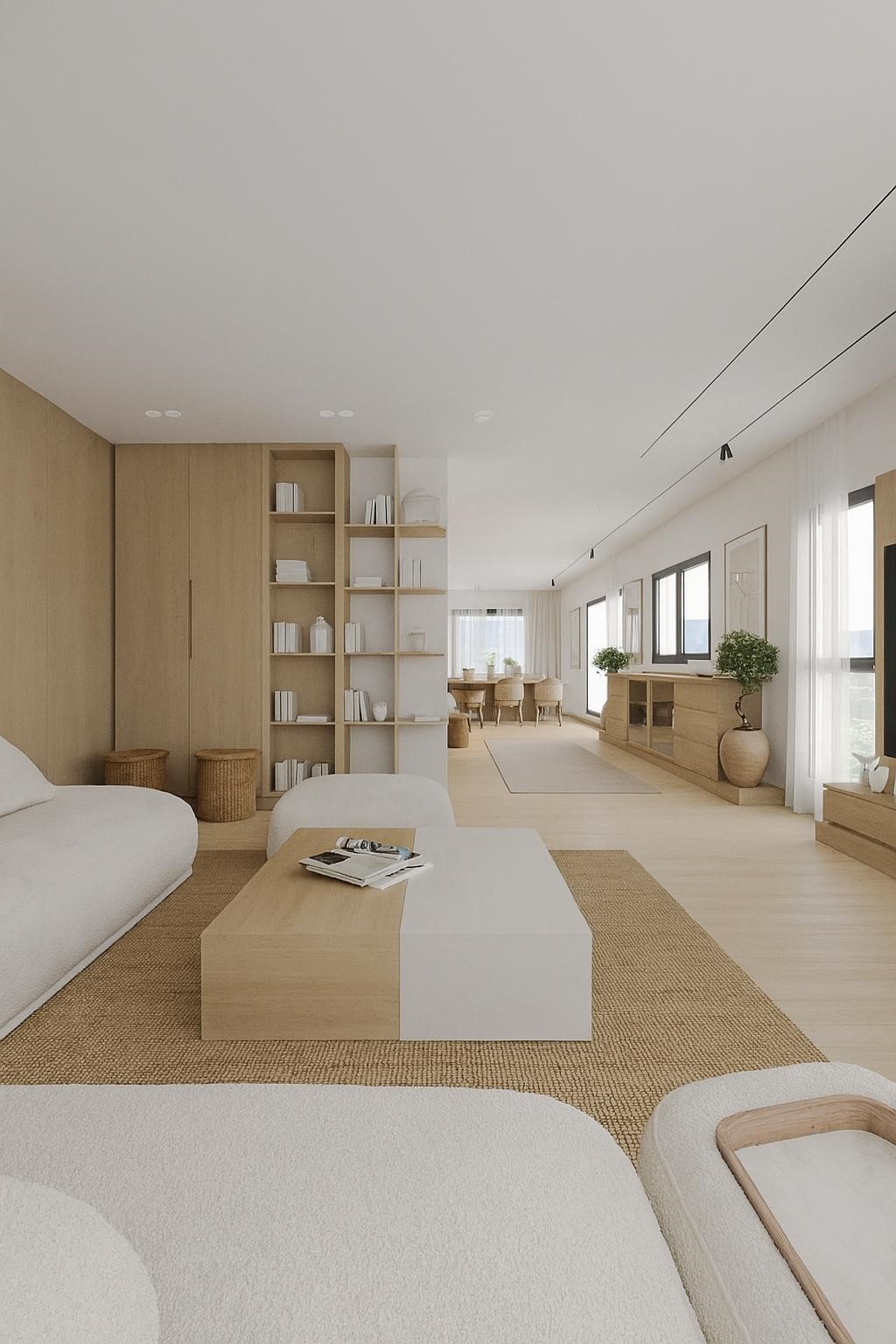Helles, minimalistisches Wohnzimmer mit offener Wohn-Ess-Situation