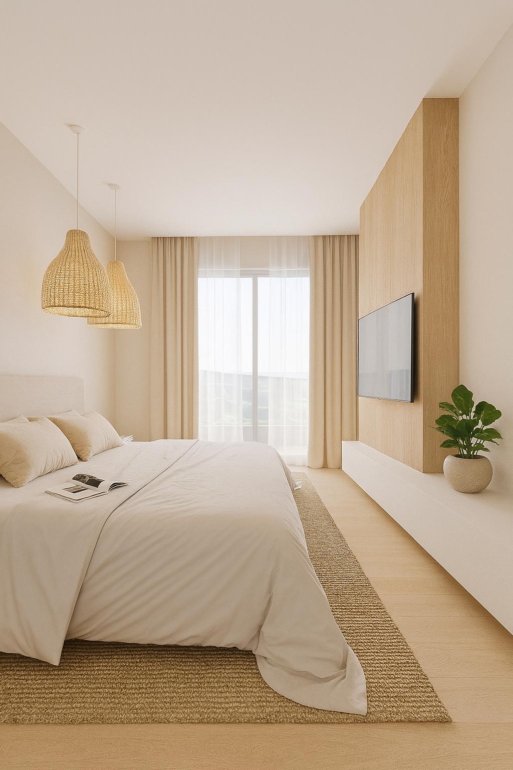 Helles, minimalistisches Schlafzimmer mit Naturtönen