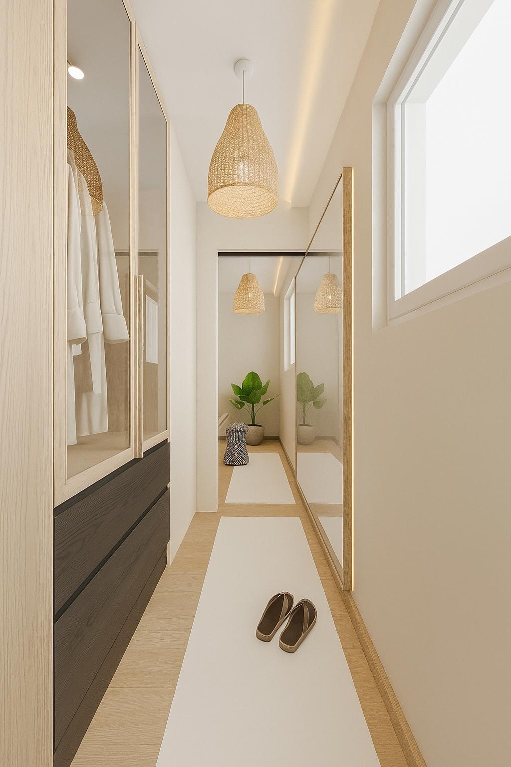 Heller, schmaler Ankleide- oder Flurbereich mit Spiegeln und Holzdetails