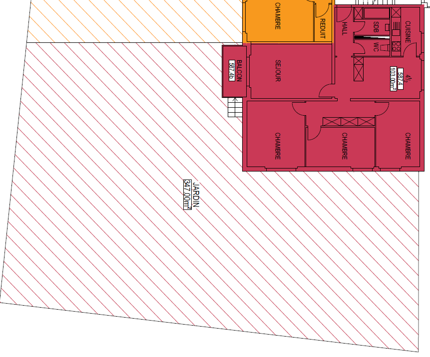 Grundriss mit Garten und mehreren Räumen