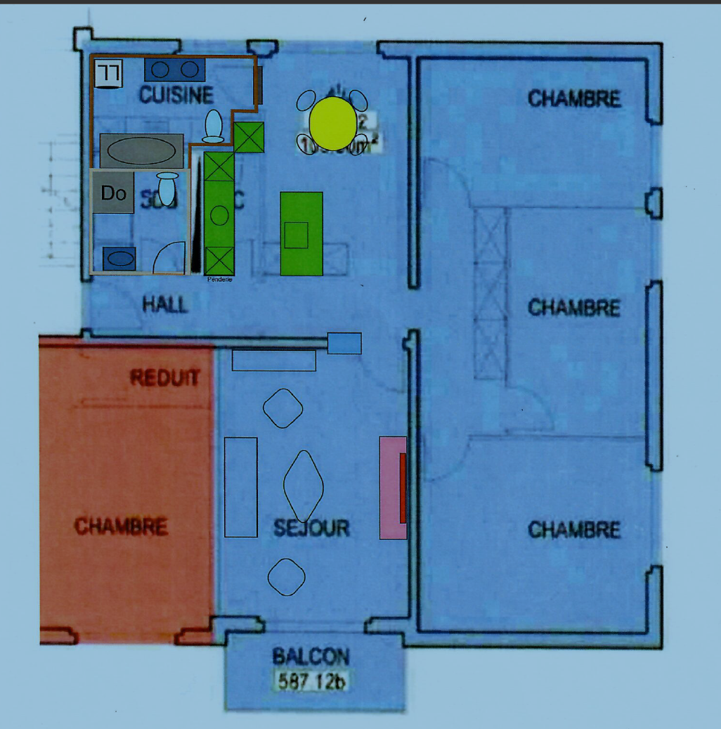 Grundriss einer Wohnung mit mehreren Zimmern und Balkon