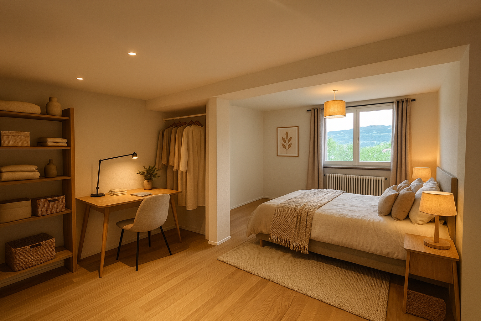 Gemütliches Schlafzimmer mit Arbeitsbereich