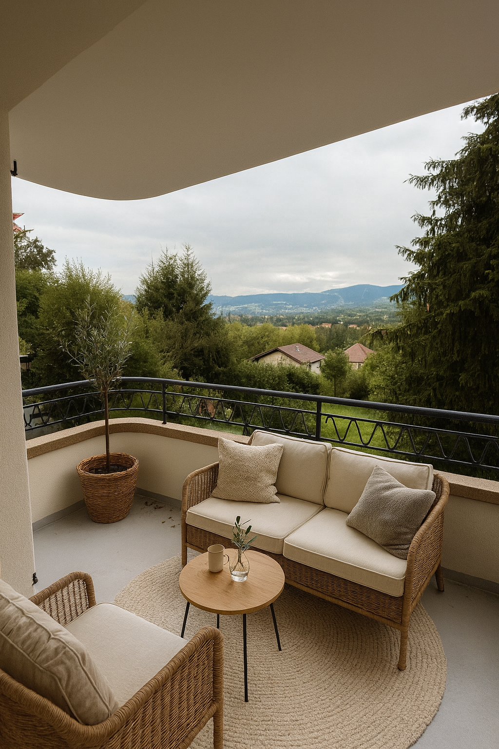 Gemütliche Balkon-Lounge mit Bergblick