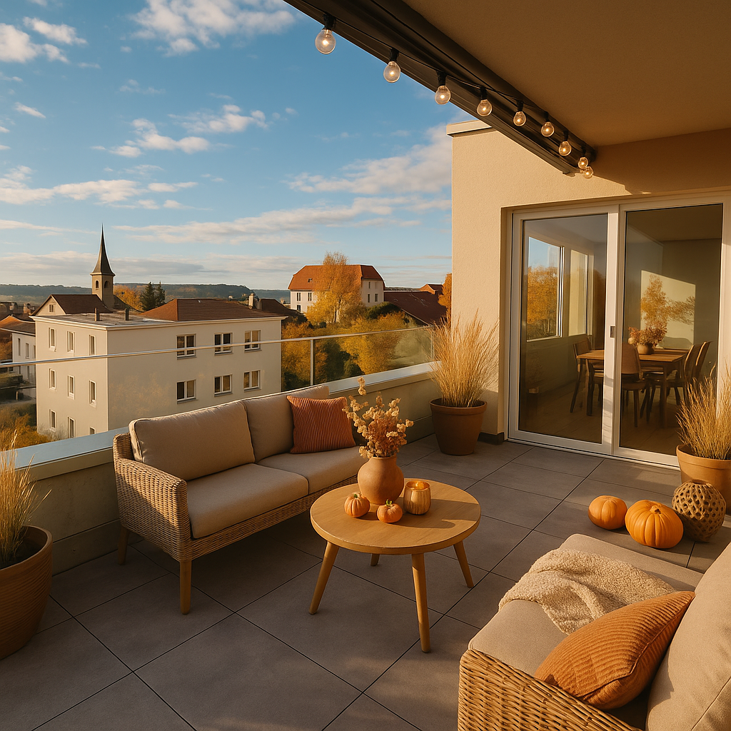 Gemütliche Dachterrasse mit Sitzgruppe und Blick über den Ort