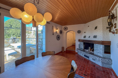 Essbereich mit Kamin und großer Fensterfront