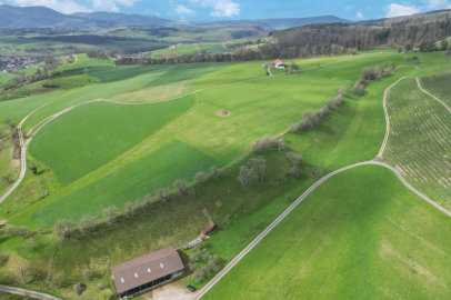 Luftaufnahme einer grünen Hügellandschaft mit Gebäude