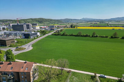 Stadt- und Landschaftsblick über grüne Felder