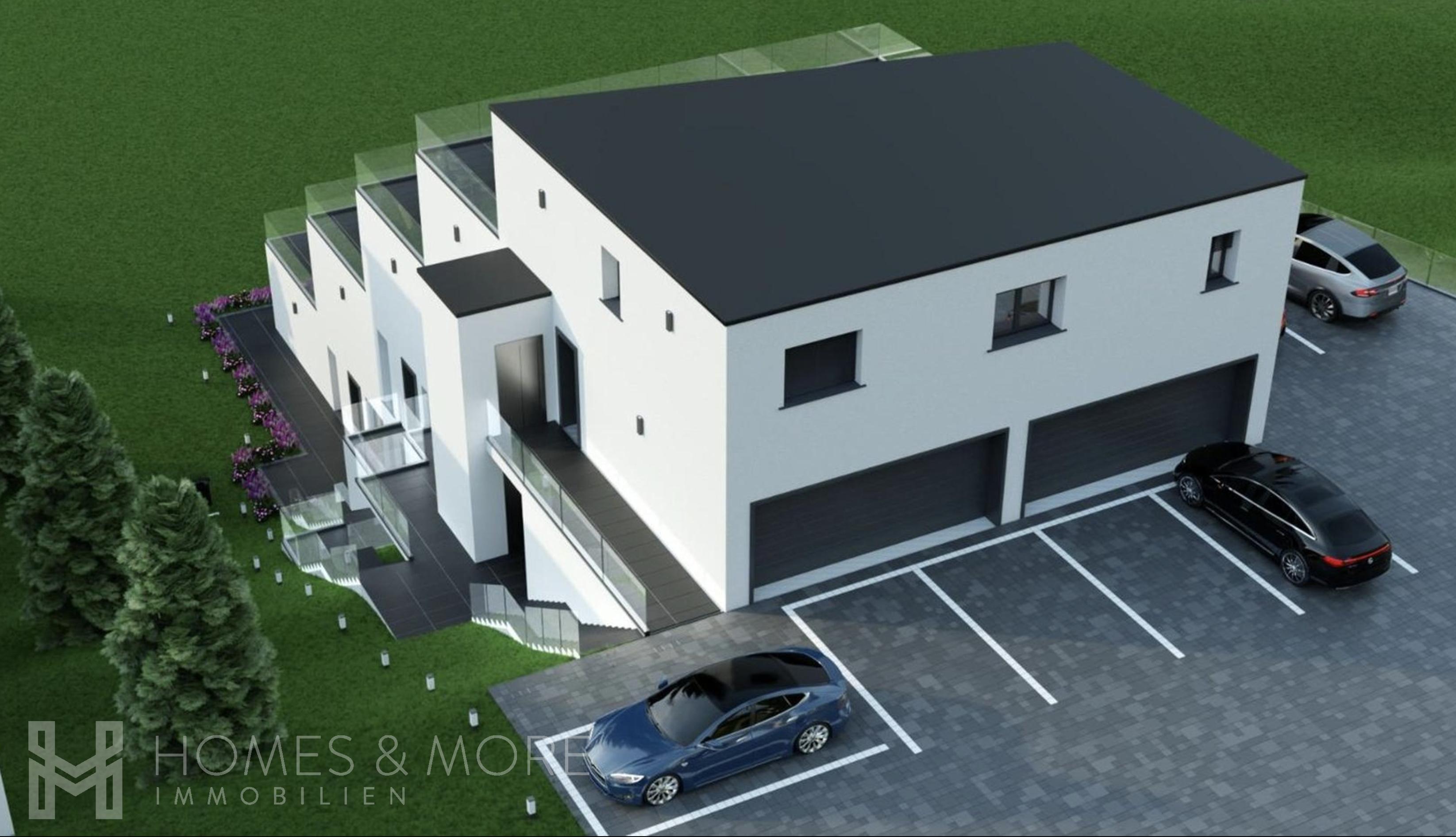 Moderne Wohnhaus-Visualisierung mit Garagen und Stellplätzen