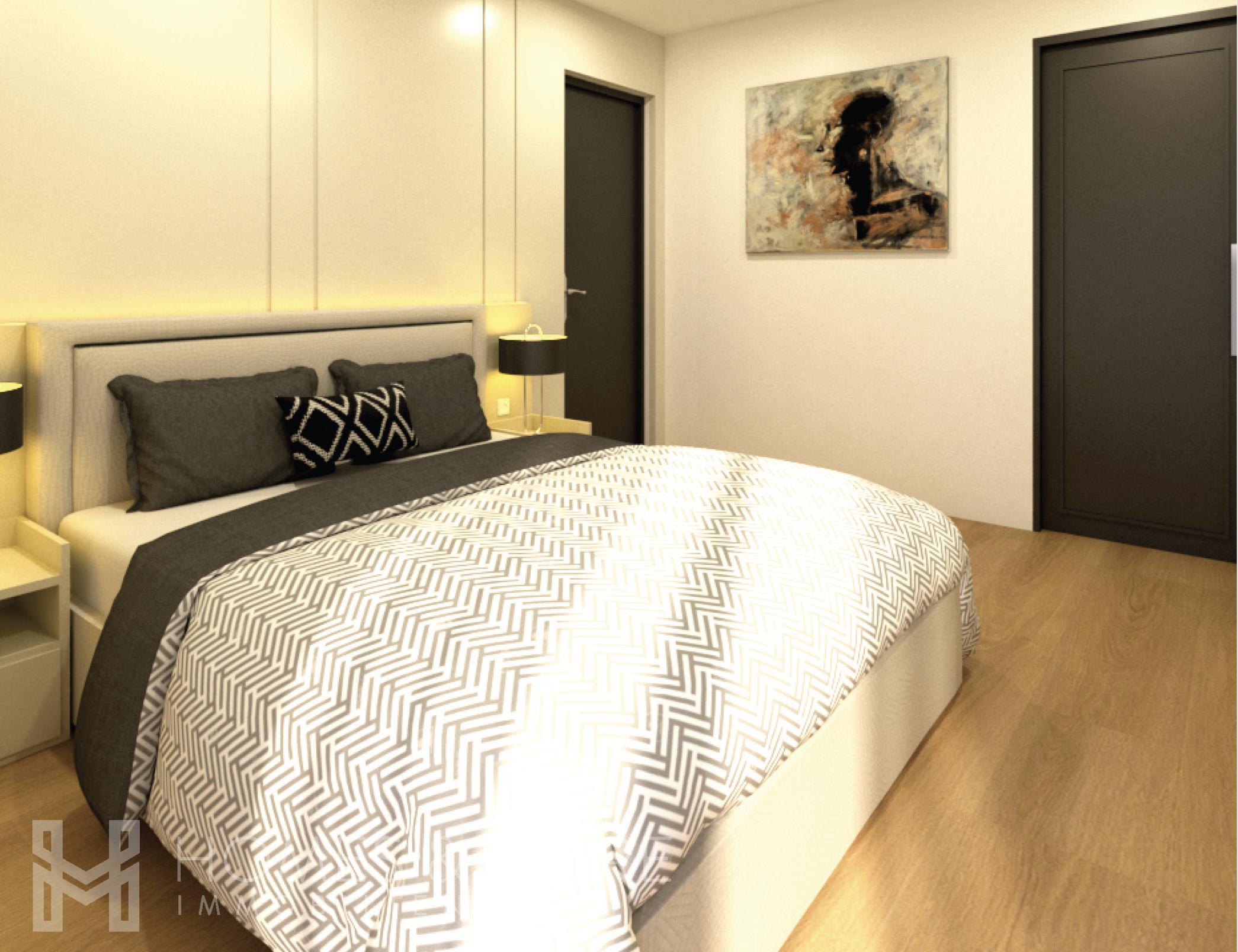 Modernes Schlafzimmer mit dunklen Türen