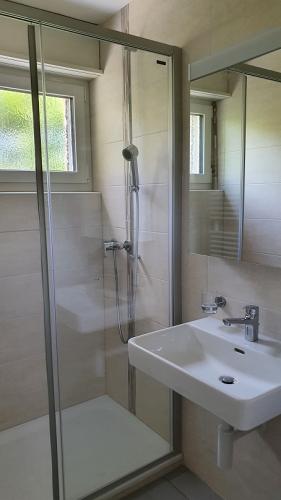 Modernes Badezimmer mit Dusche und Waschbecken