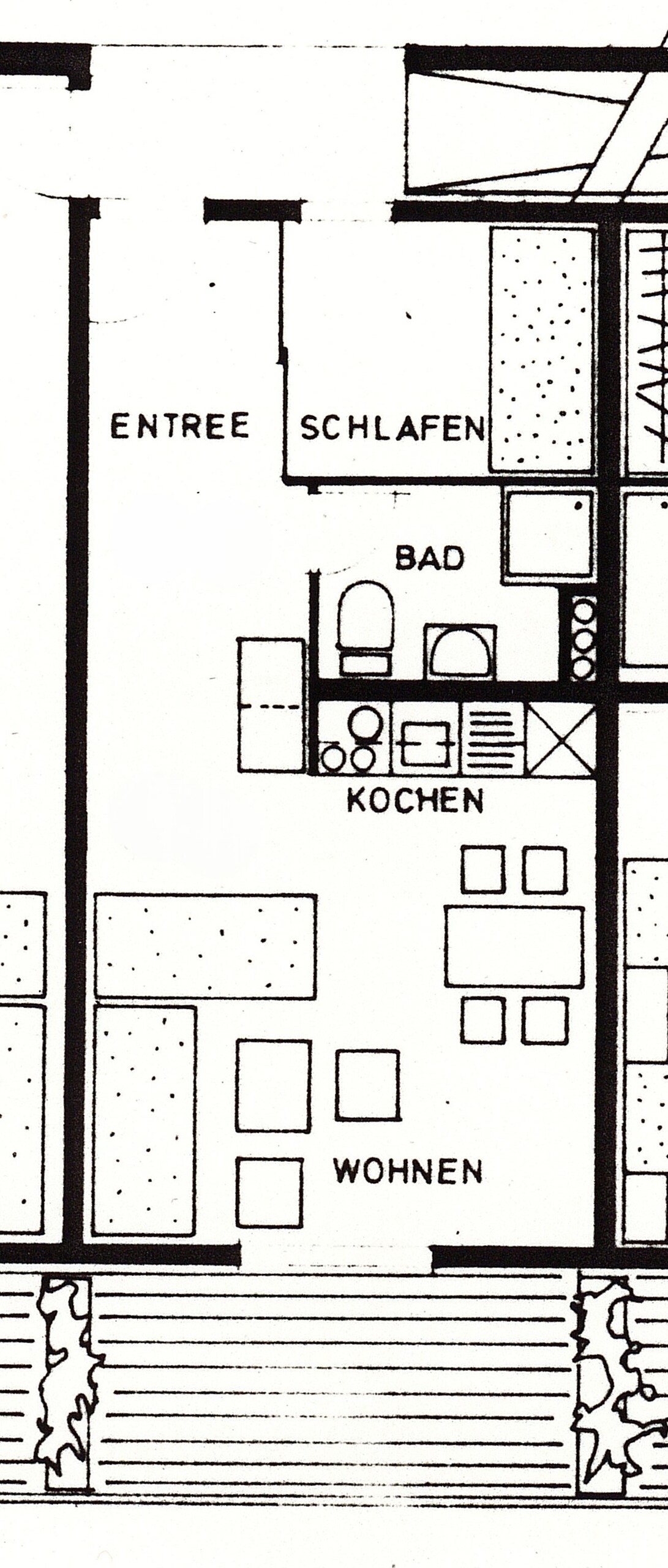 Grundriss mit Wohn-, Küchen-, Schlaf- und Badbereich