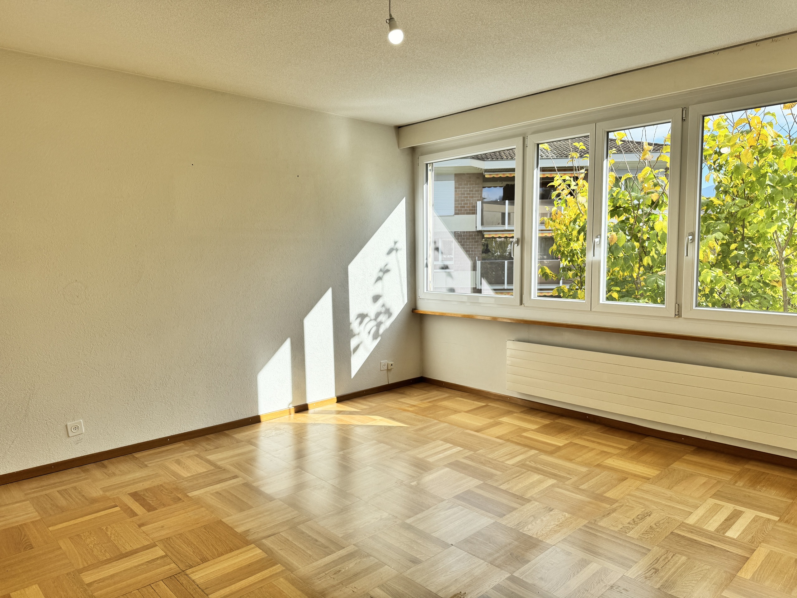 Leerer, sonnendurchfluteter Raum mit Fensterfront