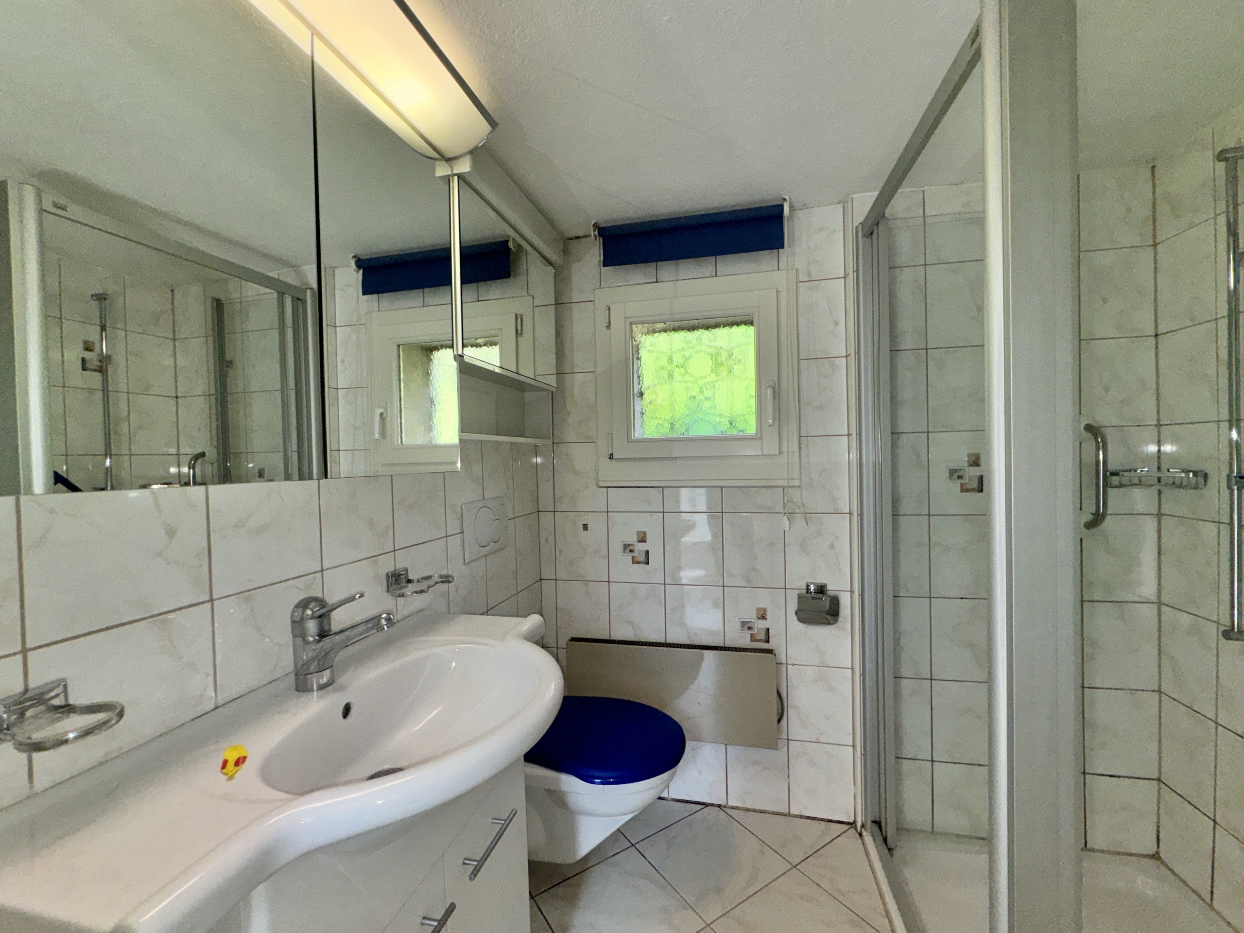 Helles Badezimmer mit Dusche, Waschbecken und WC