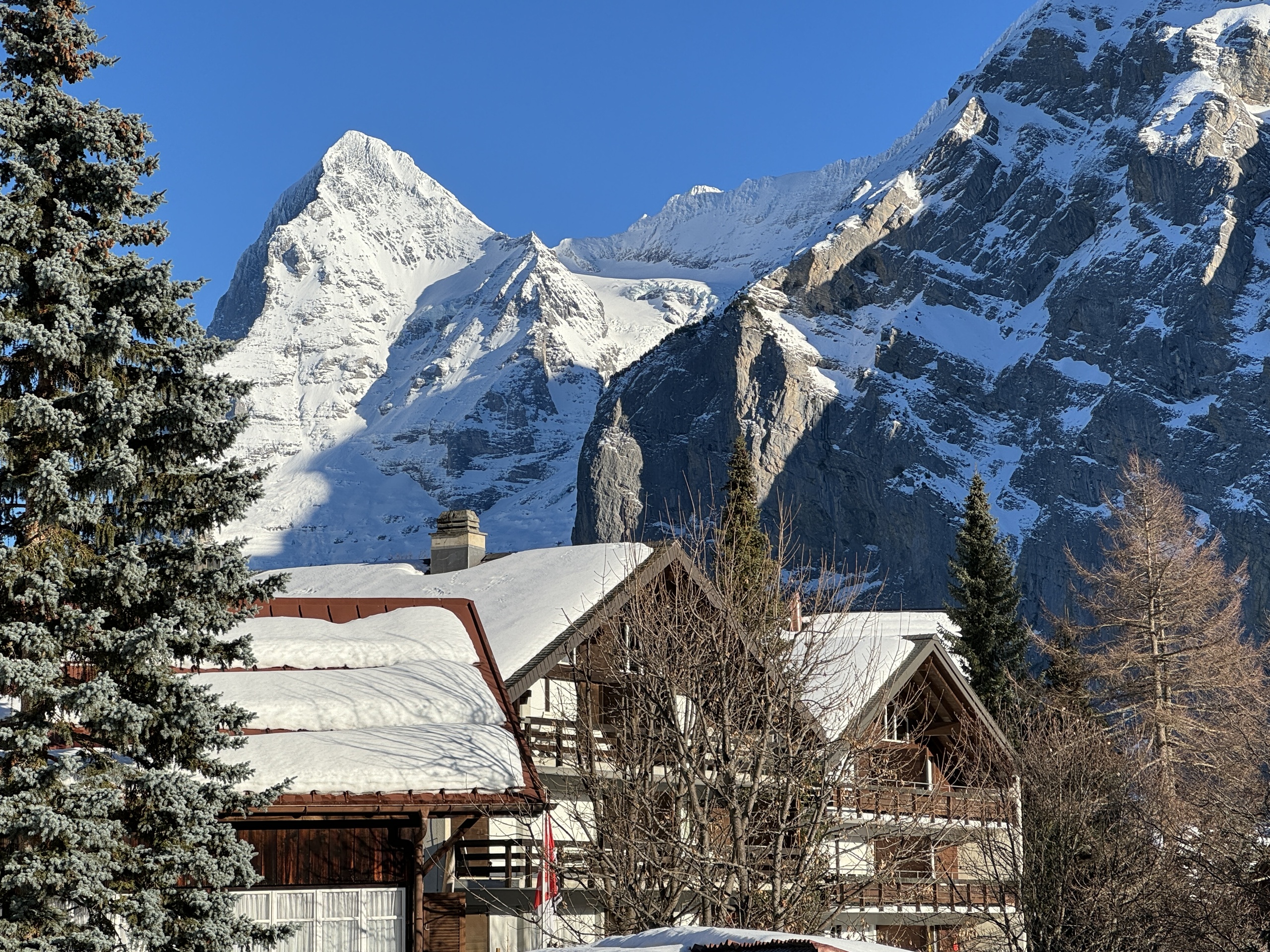 Alpenblick über schneebedeckte Chalet-Dächer