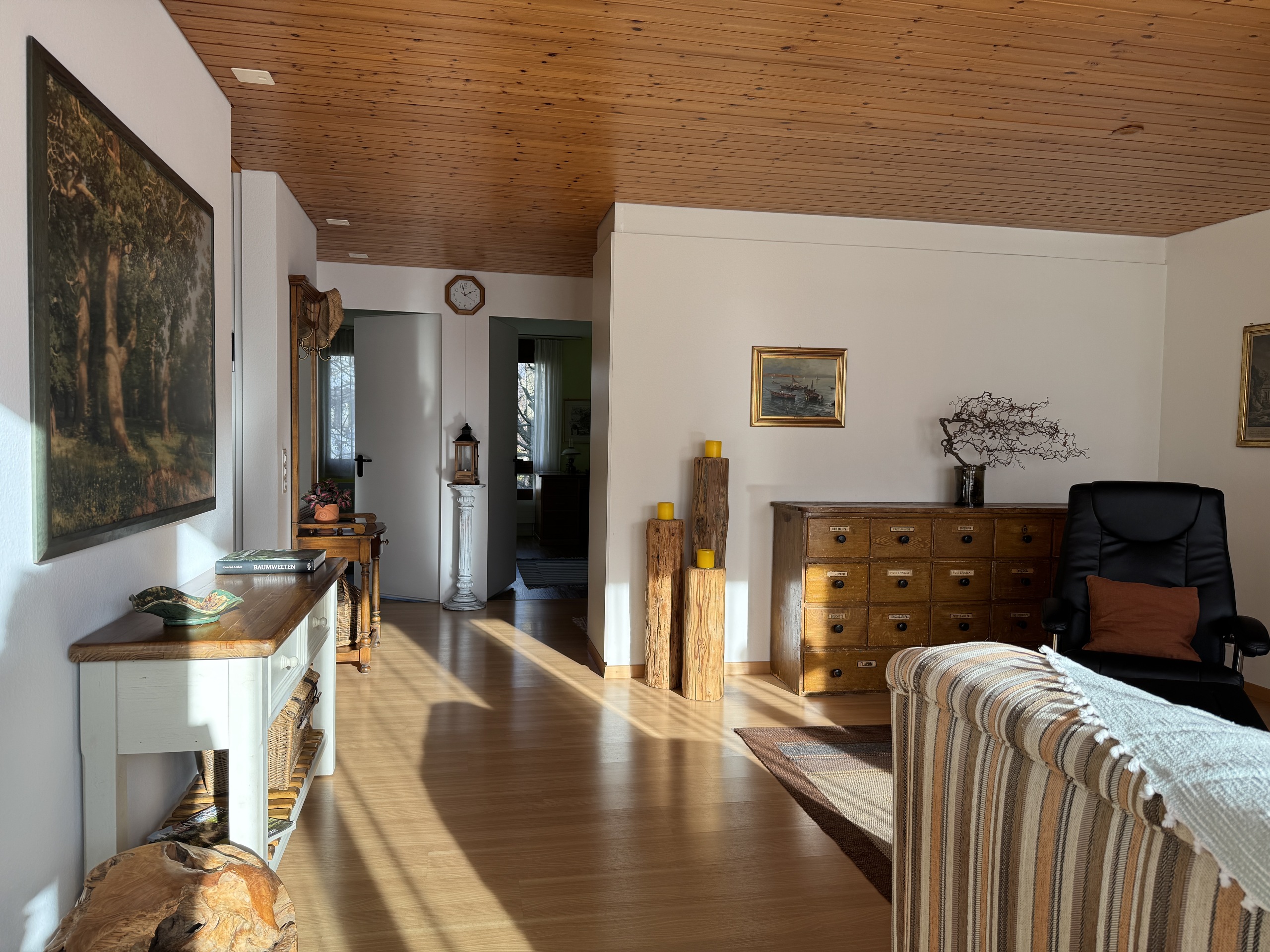 Heller Wohnraum mit Holzdecke
