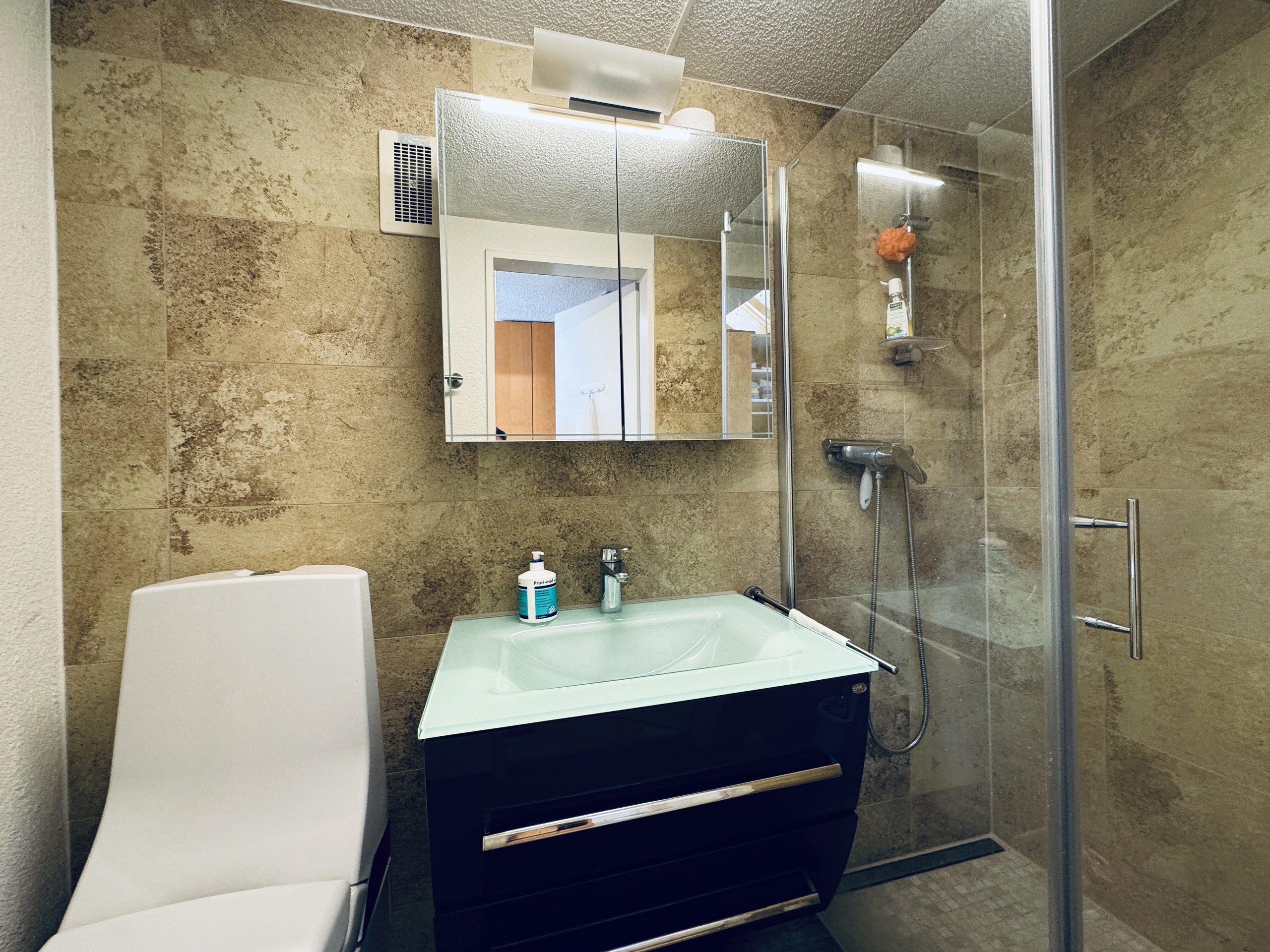 Modernes Bad mit Dusche und Waschtisch
