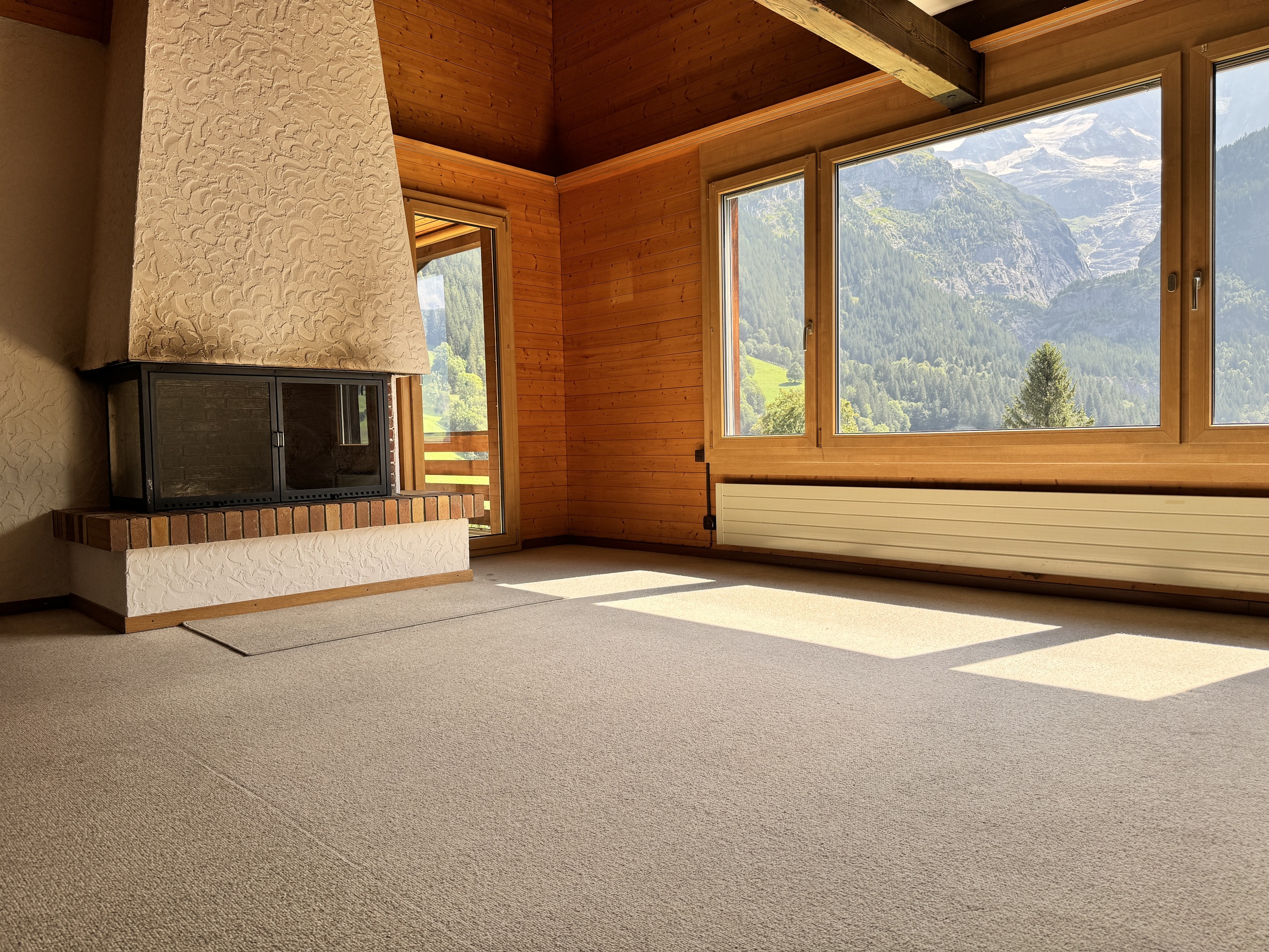 Wohnraum mit Kamin und Bergblick