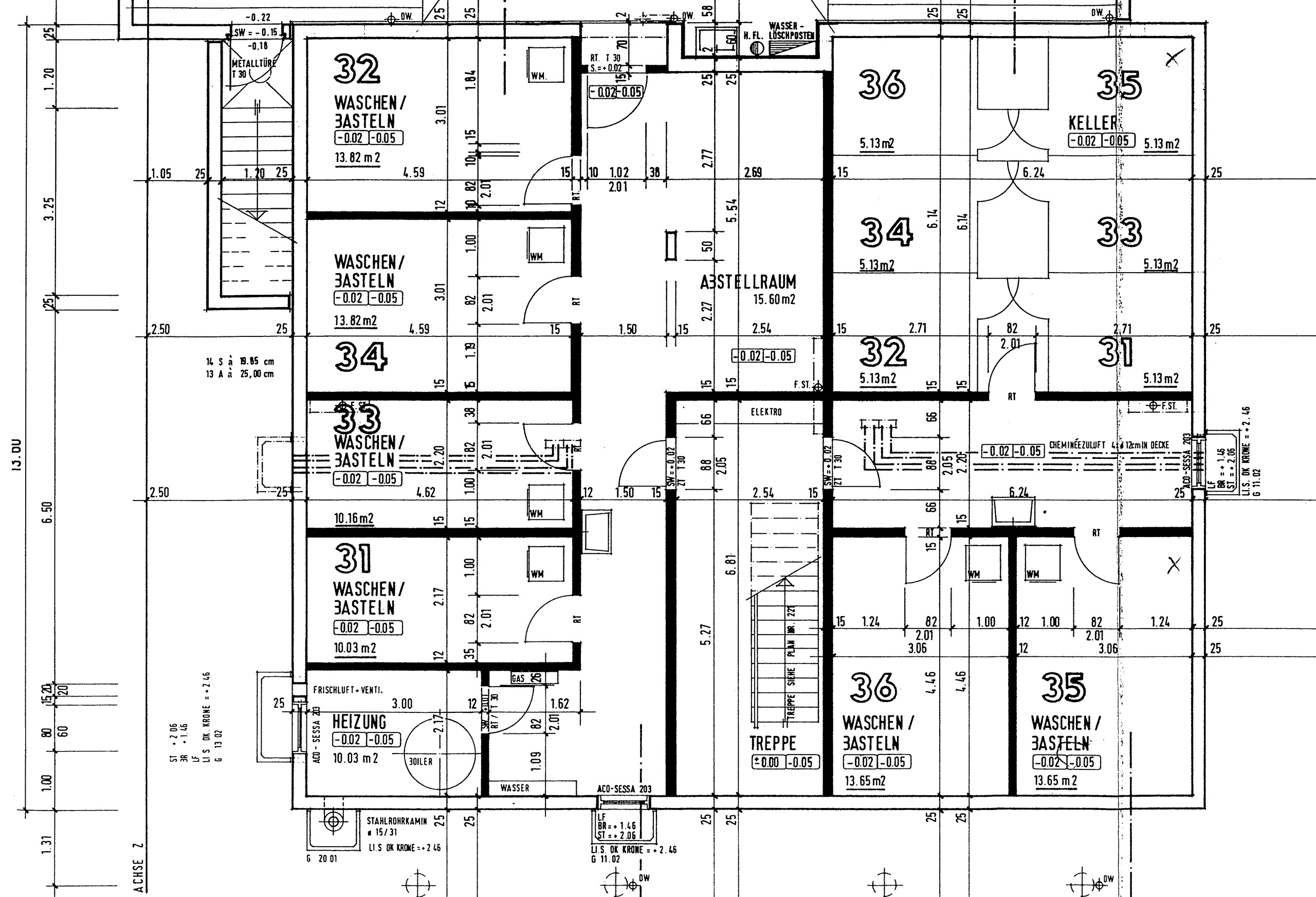 Grundriss eines Kellergeschosses mit Wasch-, Technik- und Abstellräumen