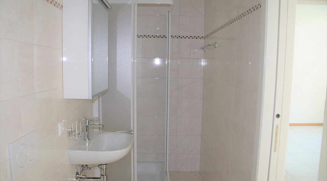 Helles Badezimmer mit Dusche und Waschtisch