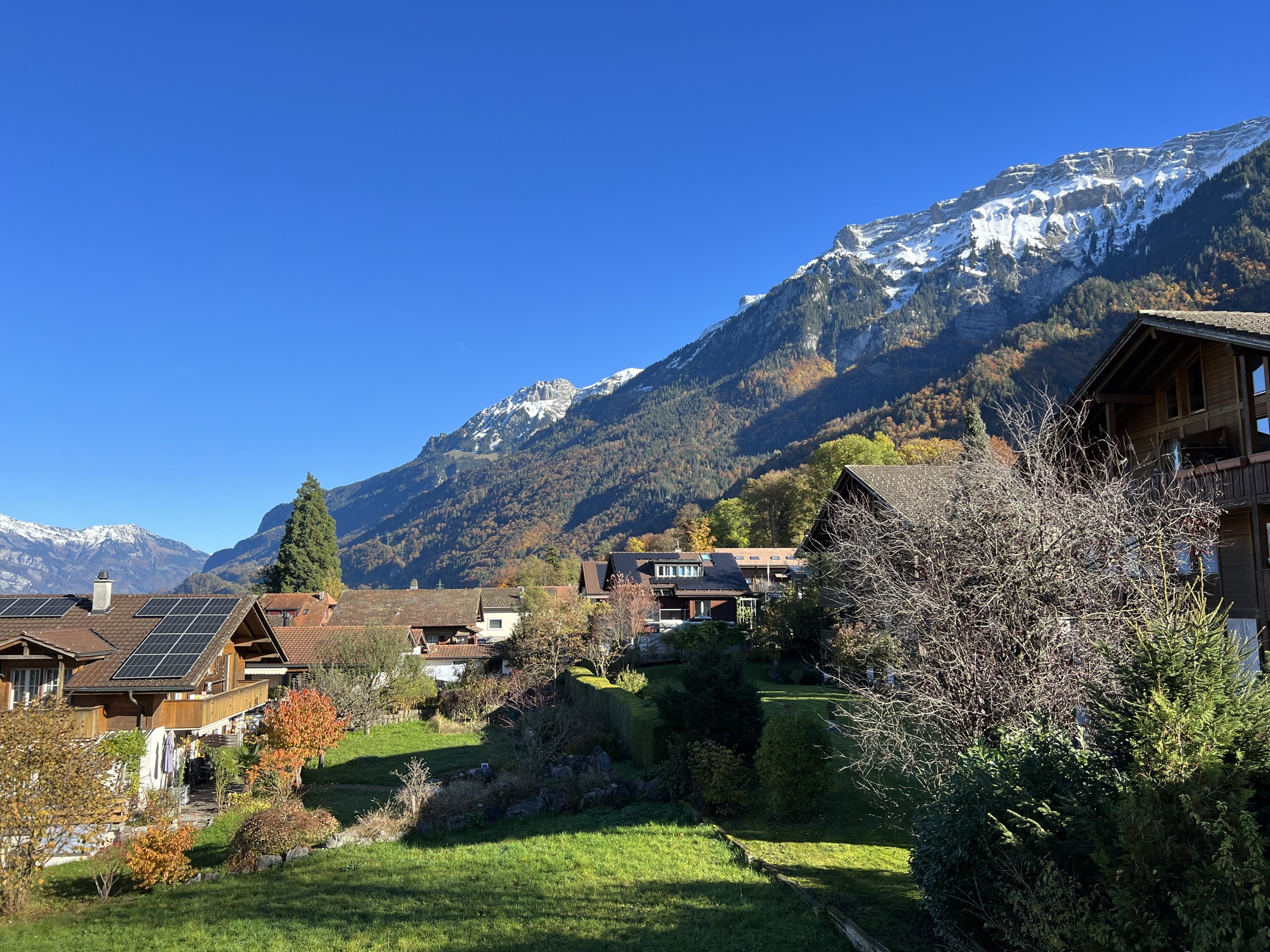 Alpine Landschaft mit Wohnhäusern und Bergblick
