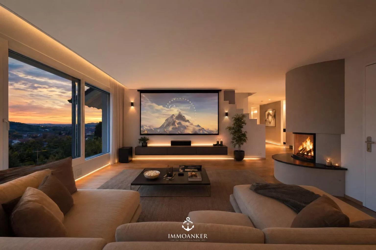 Modernes Wohnzimmer mit Kamin und Panoramablick