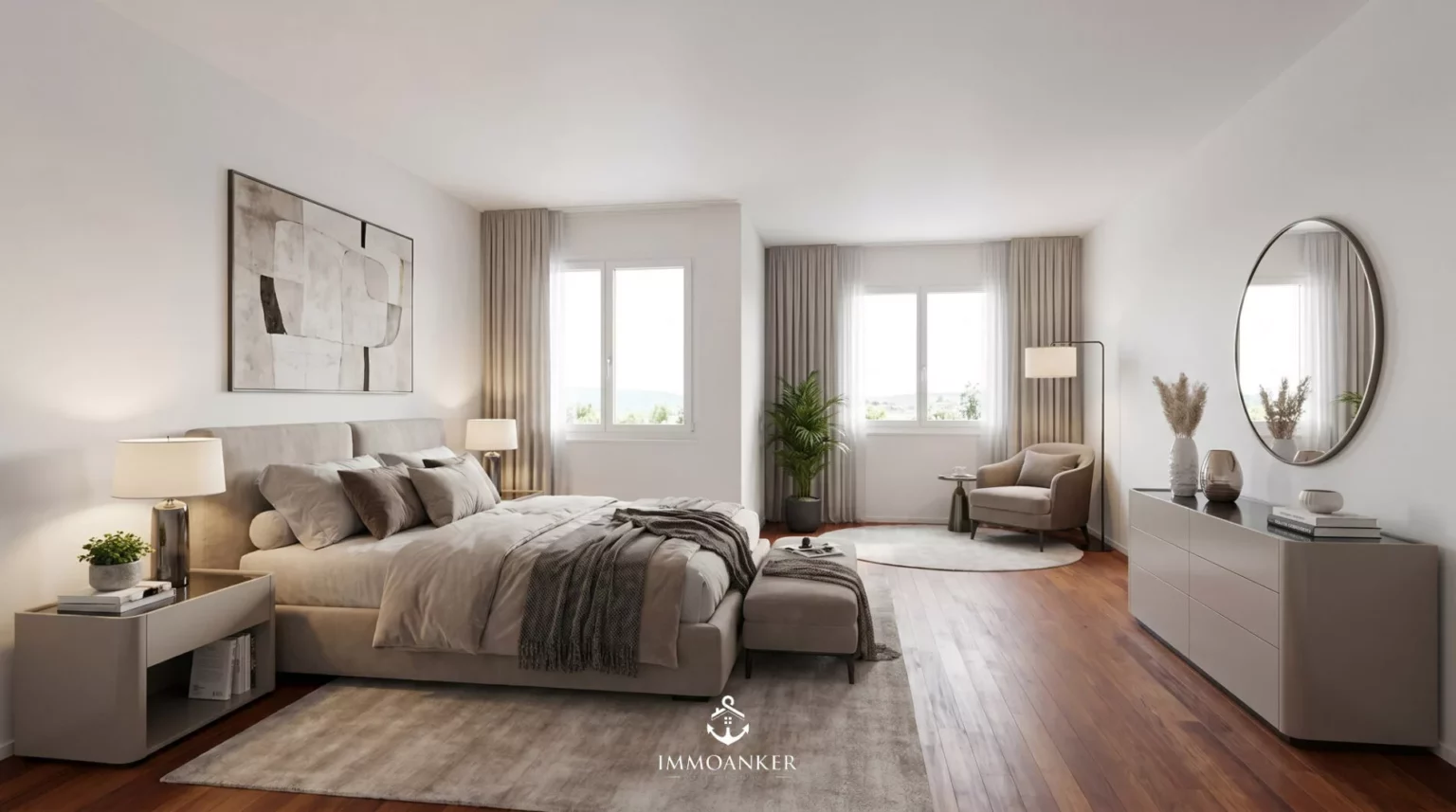 Helles, stilvoll eingerichtetes Schlafzimmer