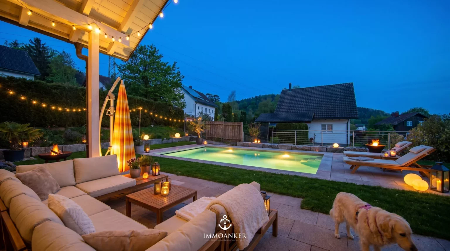Abendlicher Garten mit Pool und überdachter Lounge