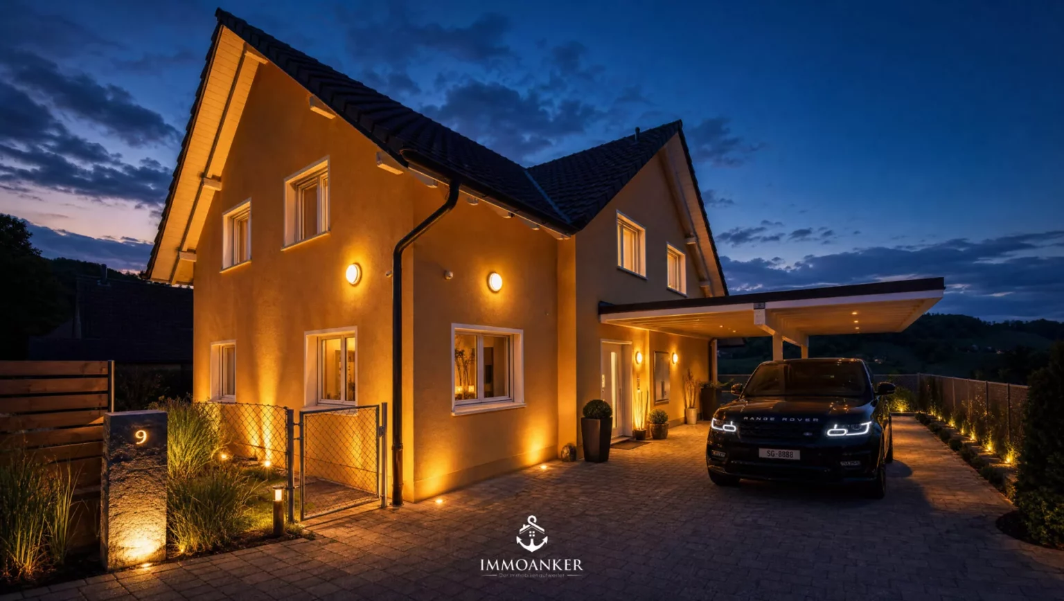 Wohnhaus bei Abenddämmerung