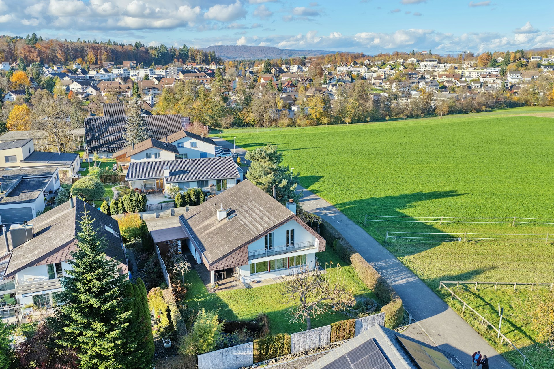 Luftaufnahme eines Wohnviertels mit Einfamilienhäusern und Grünfläche