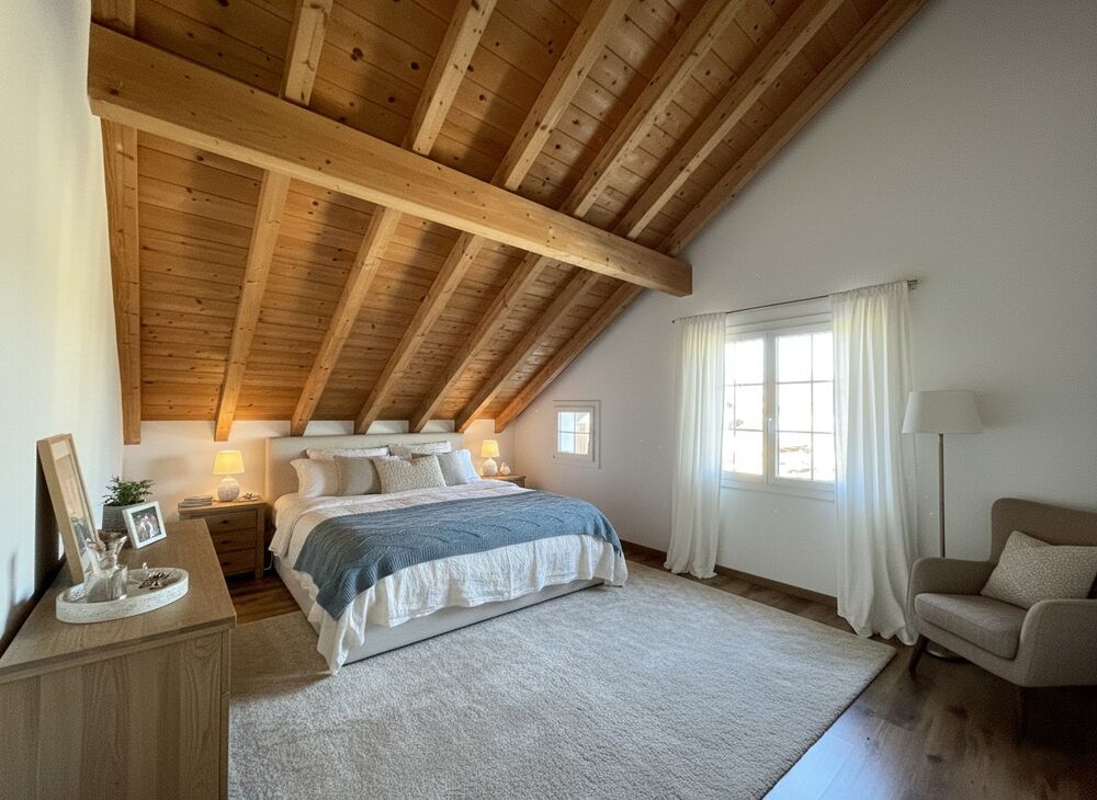 Dachgeschoss-Schlafzimmer mit sichtbaren Holzbalken