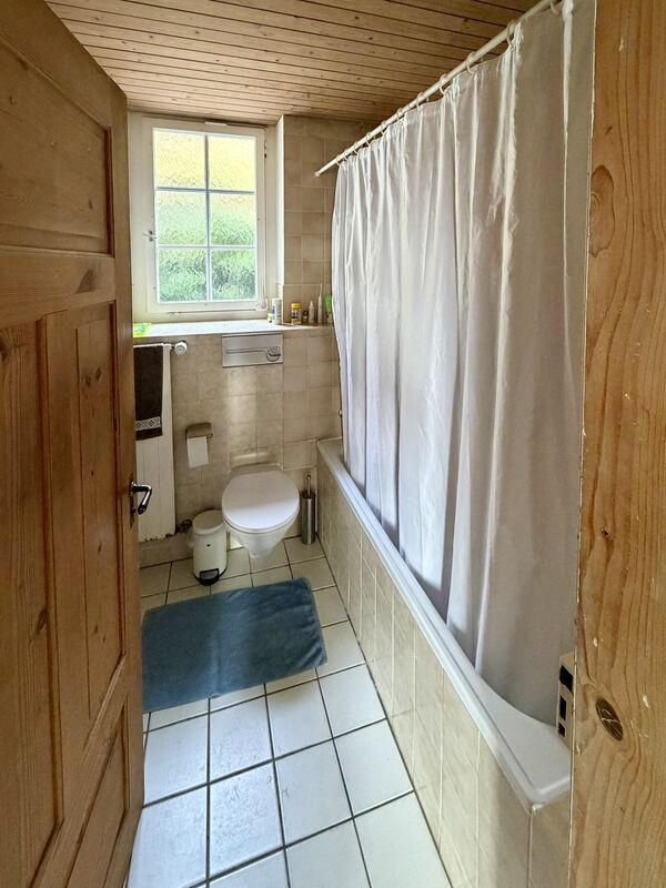 Kleines Badezimmer mit Badewanne und Duschvorhang