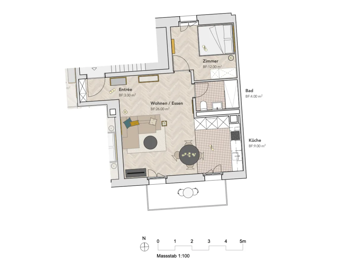 Grundriss einer Wohnung mit Wohn-, Schlaf-, Bad- und Küchenbereich