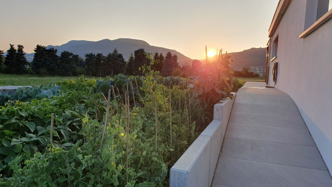 Außenbereich mit Gartenweg bei Sonnenuntergang