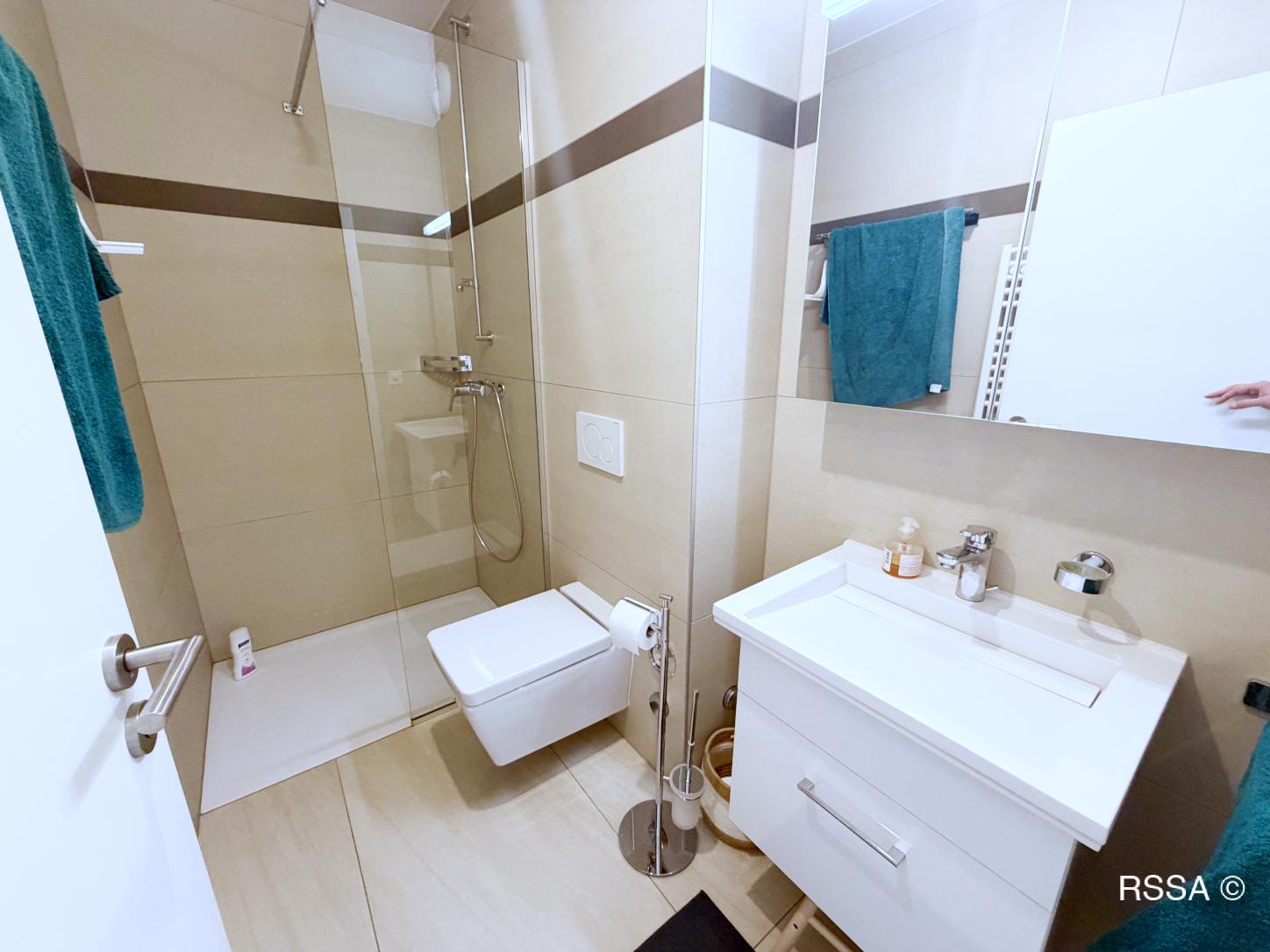 Modernes Bad mit Dusche und Waschtisch
