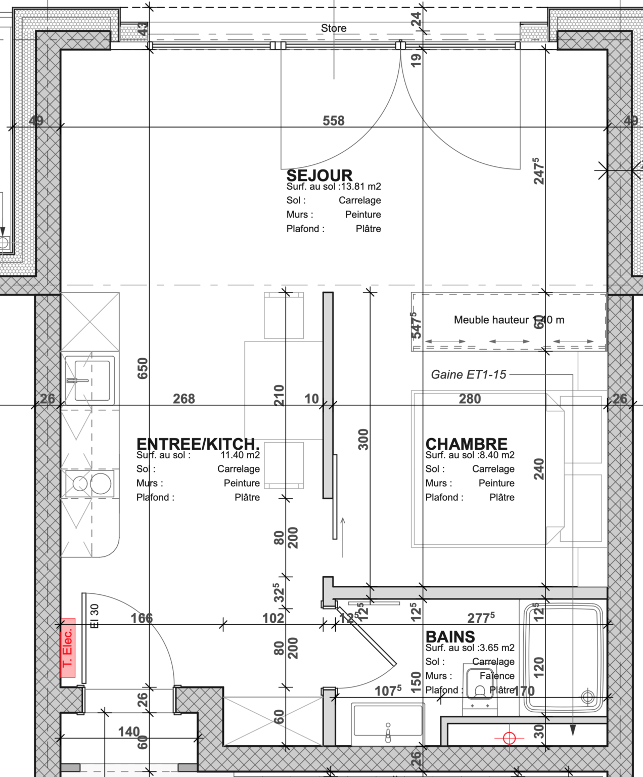 Grundriss einer Wohnung mit Séjour, Küche, Schlafzimmer und Bad