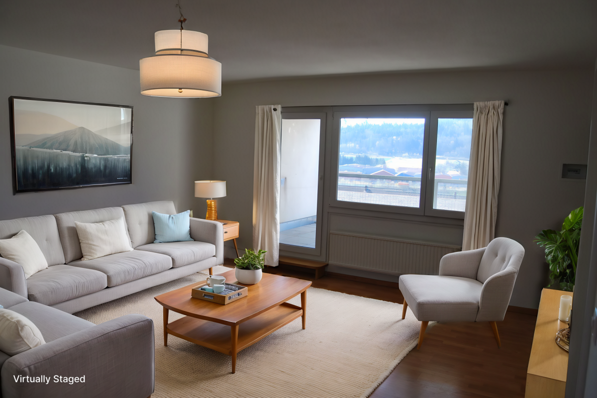 Virtuell inszeniertes Wohnzimmer mit Balkonblick