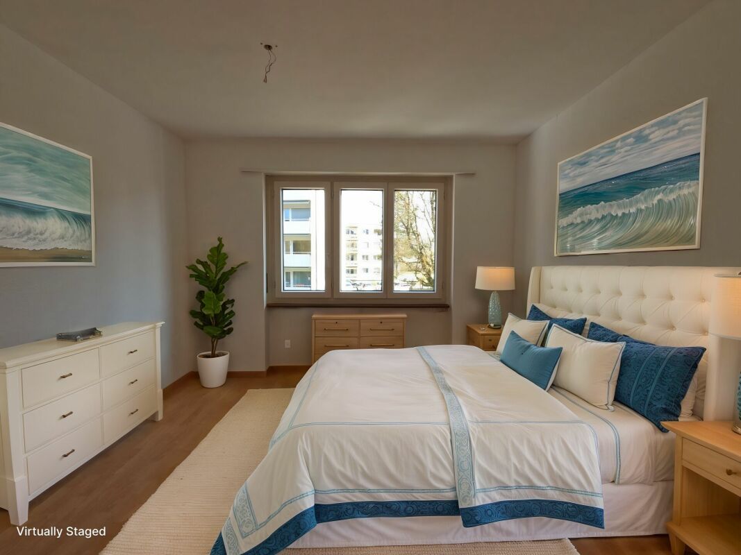 Virtuell gestyltes Schlafzimmer mit Meer-Motiven