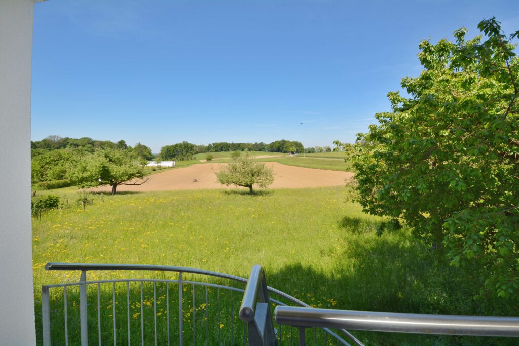 Blick von einem Balkon auf grüne Wiesen und Felder
