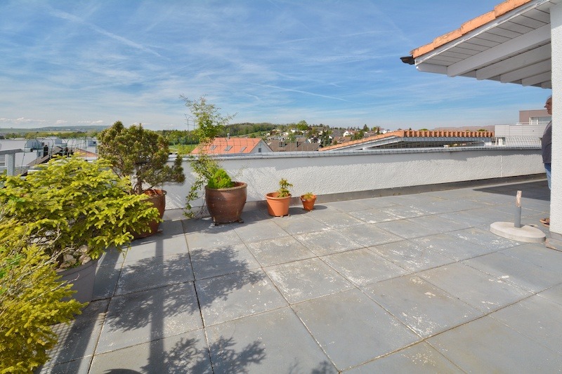 Dachterrasse mit Pflanzkübeln und Fernblick