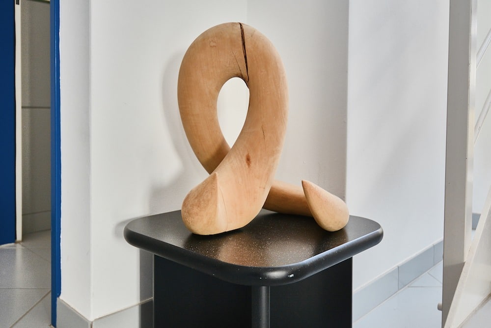 Flur mit Holzskulptur auf schwarzem Tisch