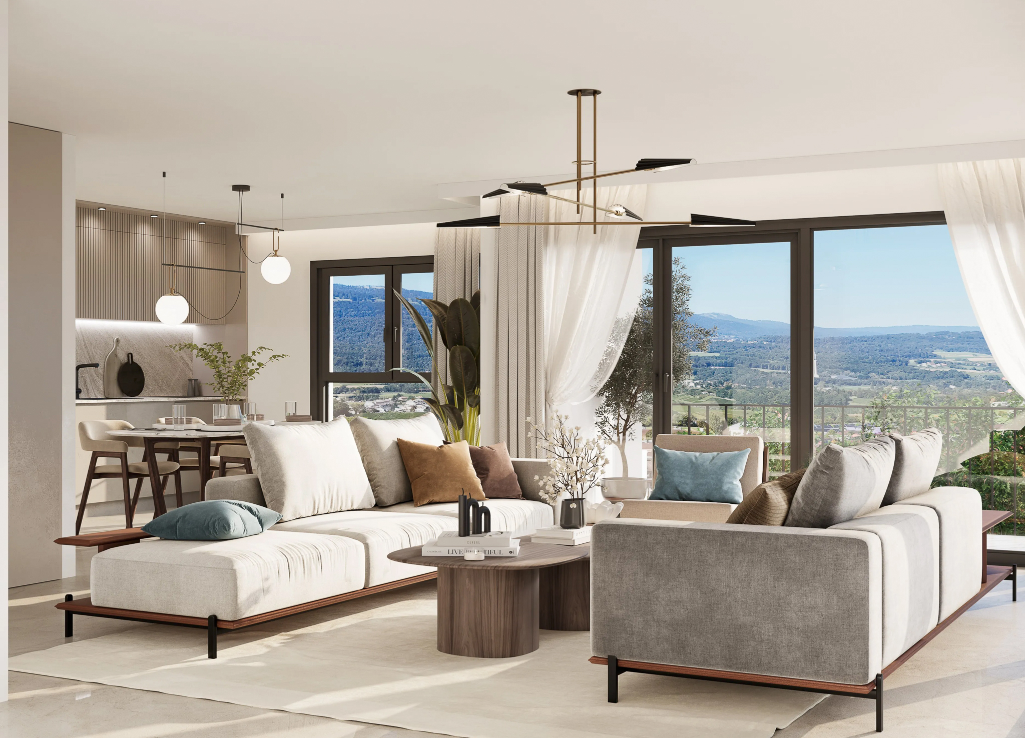 Helles, modernes Wohn-Esszimmer mit Panoramaausblick