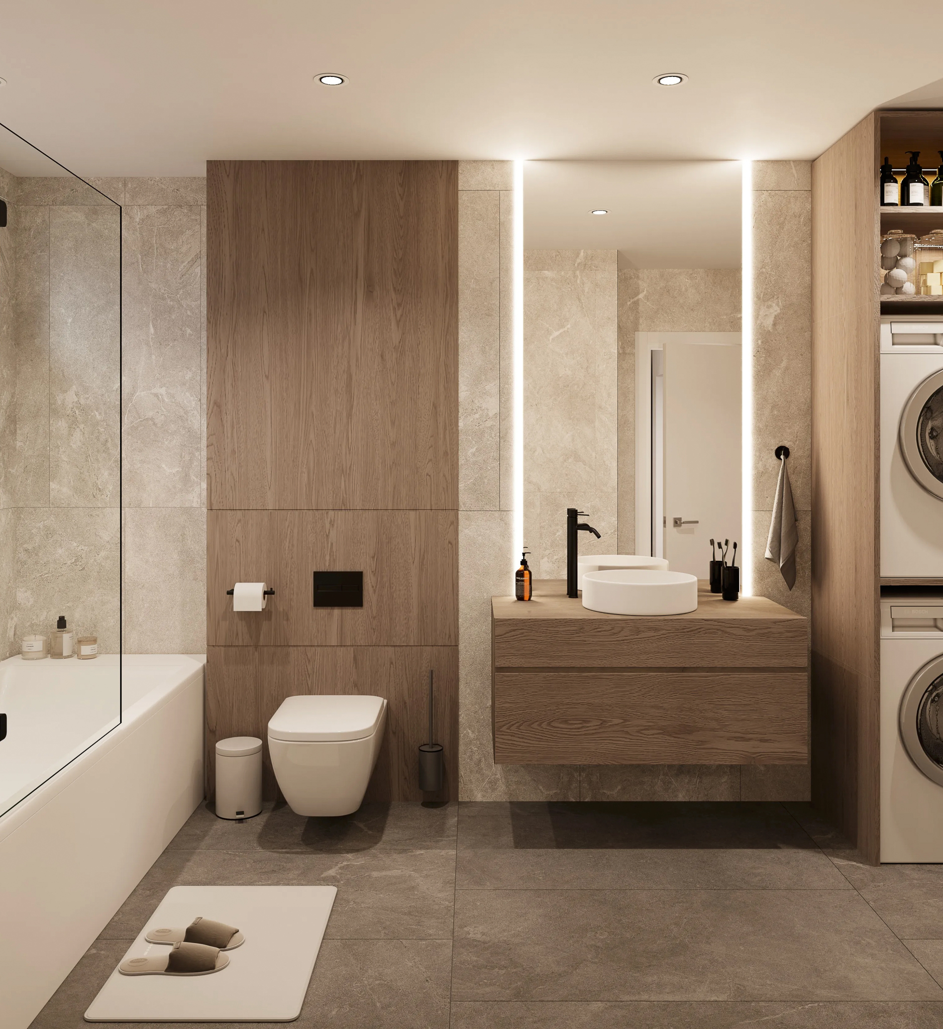 Modernes Badezimmer mit Holz und Naturstein