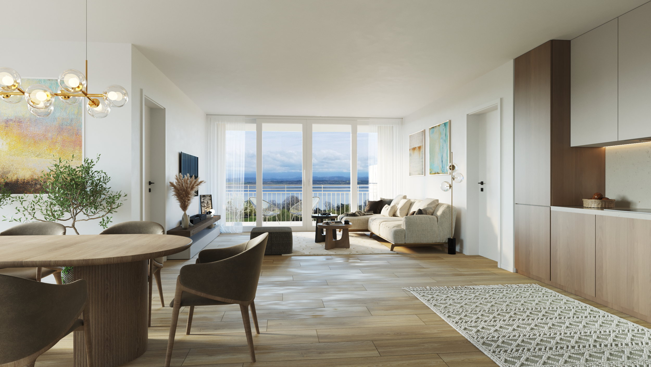 Helles Wohn-Esszimmer mit Blick aufs Wasser