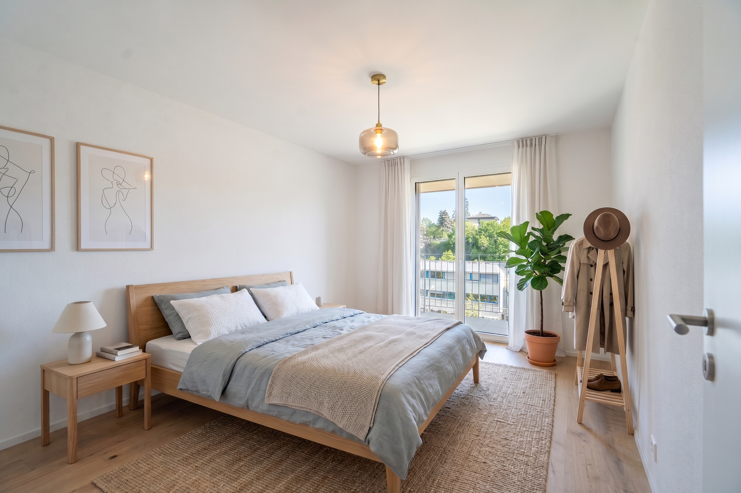 Helles Schlafzimmer mit minimalistischem Staging