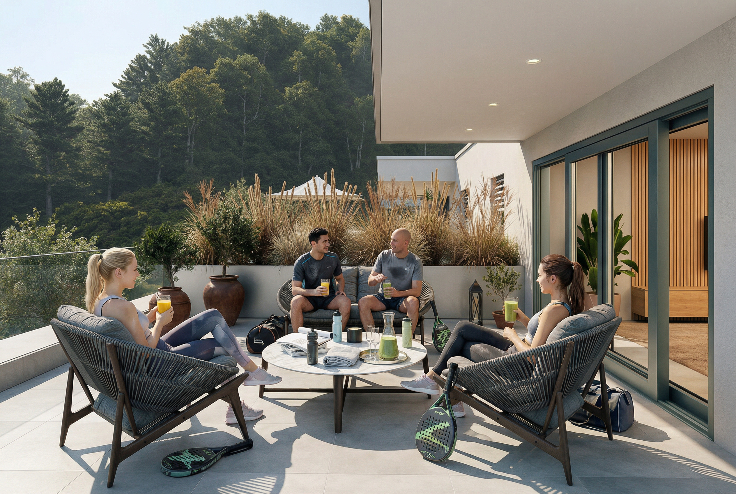 Moderne Terrasse mit Sitzgruppe und Ausblick ins Grüne