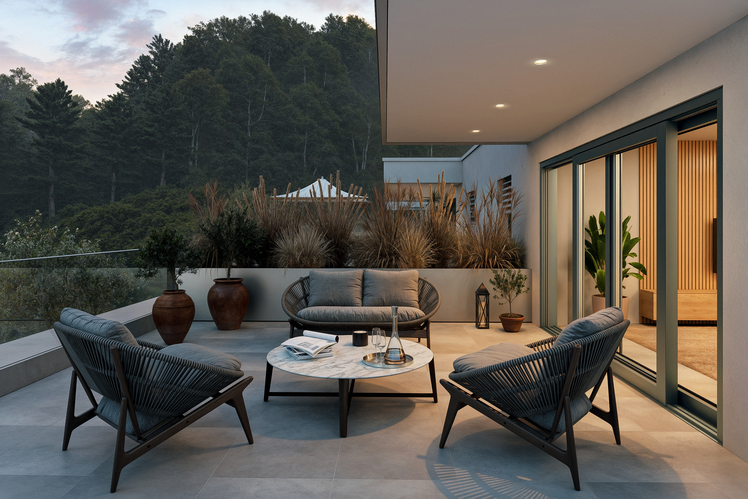 Moderne Terrasse mit Lounge-Möbeln