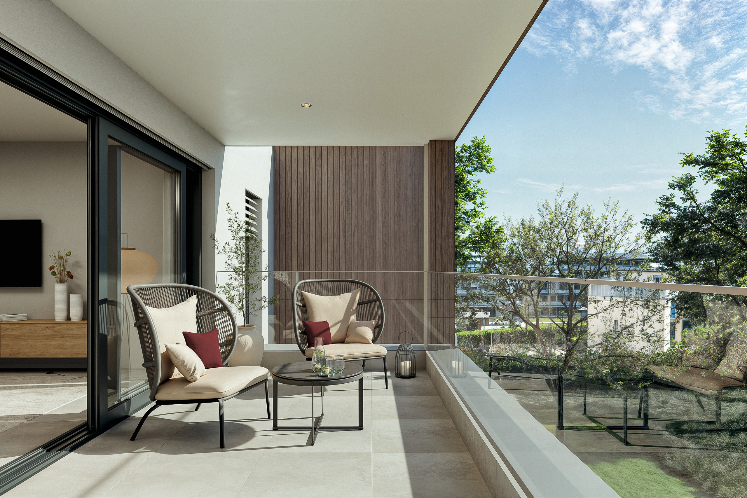Moderne Balkonterrasse mit Sitzgruppe
