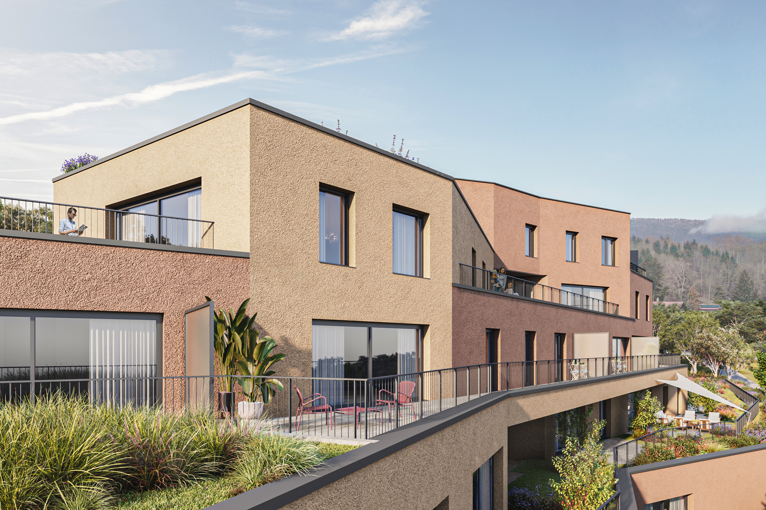 Moderne Terrassen- und Balkonanlage eines mehrgeschossigen Neubaus