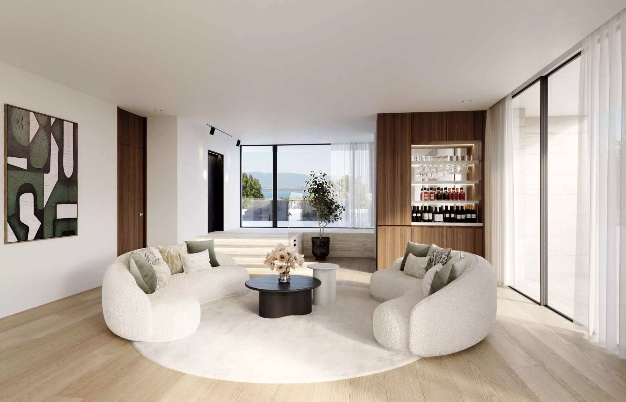 Helle, moderne Wohnlounge mit Panoramablick