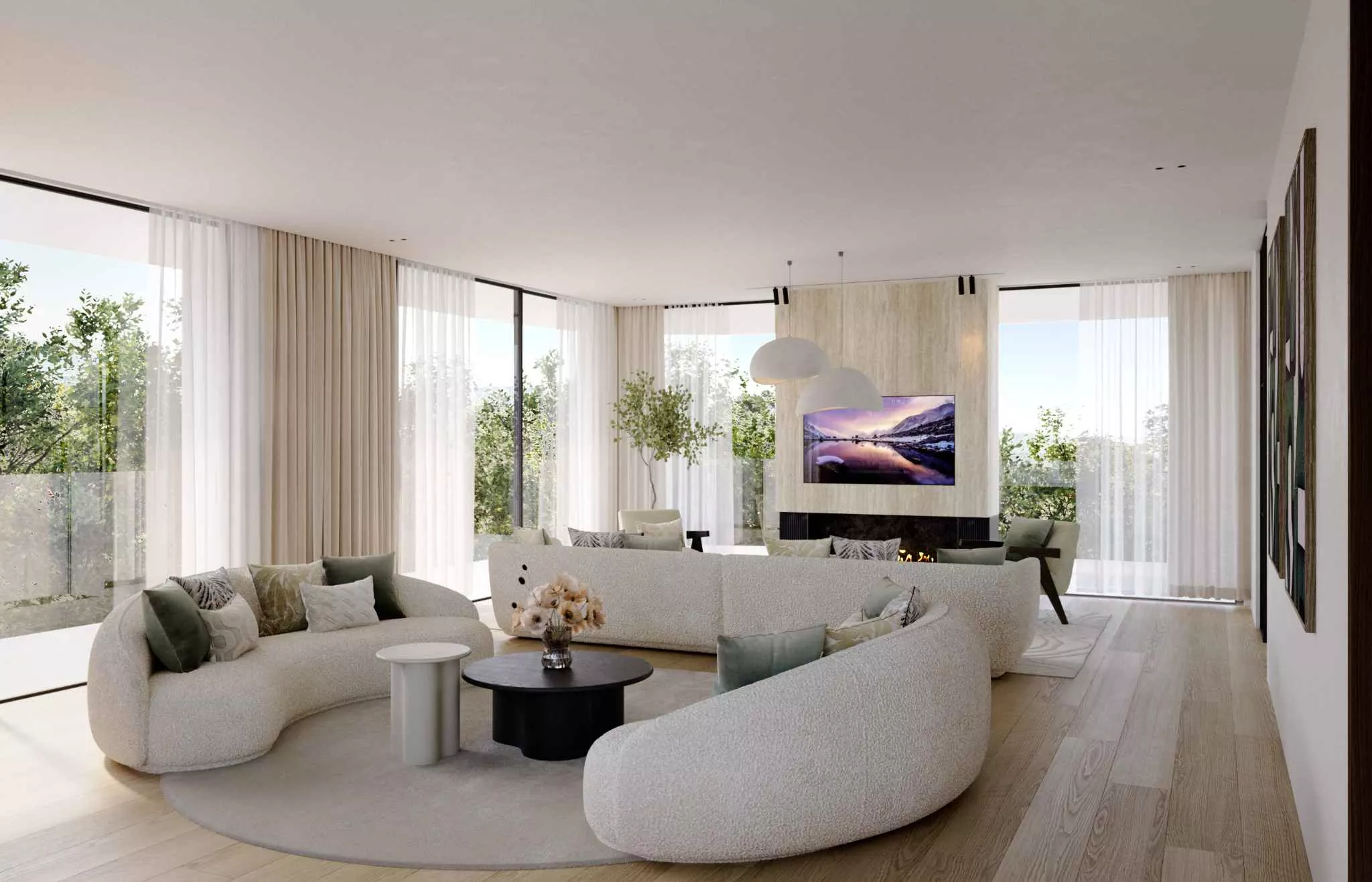 Helles, modernes Wohnzimmer mit Panoramafenstern